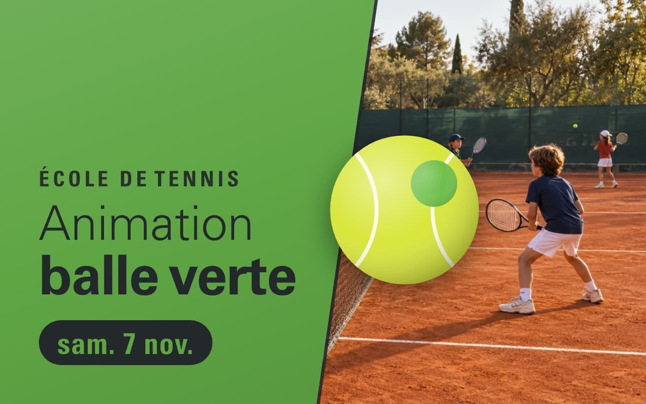 Animation balle verte (École de tennis), samedi 7 novembre 2026. Enfants de l'école de tennis qui jouent en même temps sur un court en terre battue, balles vertes