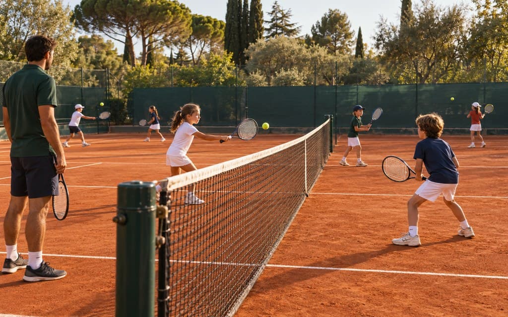 Enfants de l'école de tennis qui jouent en même temps sur un court en terre battue, balles vertes