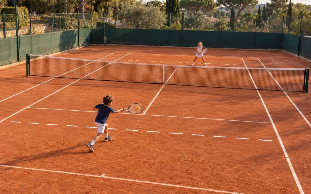Match de tournoi orange : un garçon frappe un coup droit sur un terrain orange en terre battue