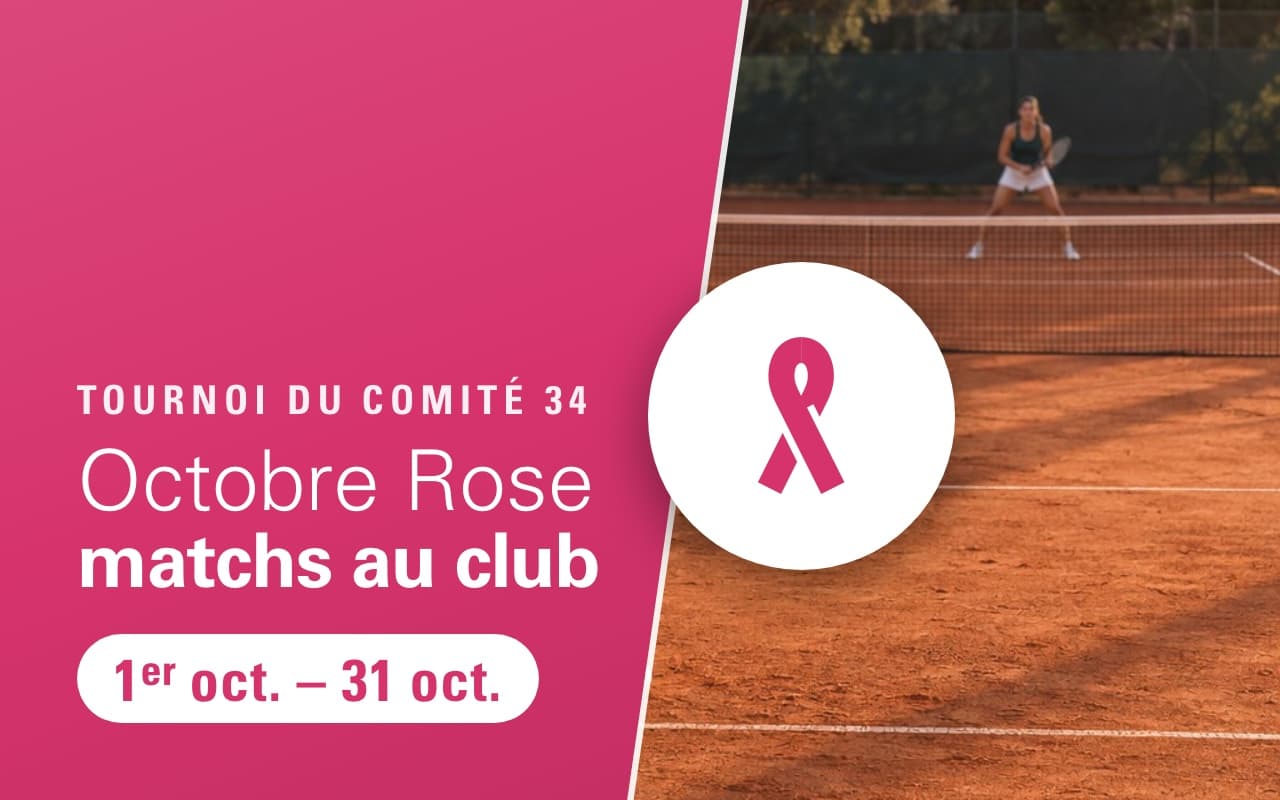 Octobre Rose matchs au club (Tournoi du Comité 34), du 1er octobre au 31 octobre 2026. Une joueuse frappe un revers à deux mains sur la terre battue, en fin d'après-midi